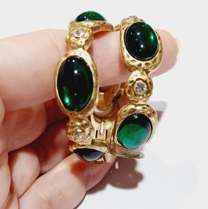 Vintage Kenneth Jay Lane emerald gold satin hoops gemstone earrings clips